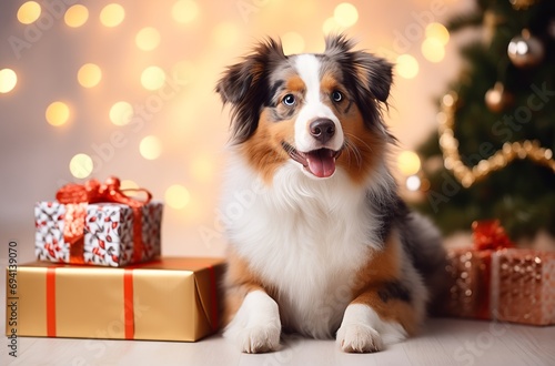 Happy Australian Shepherd dog sitting with Christmas presents and tree in the background