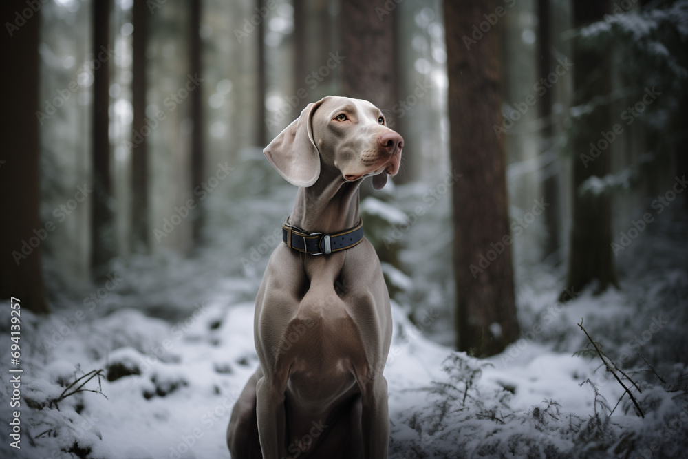 Un chien de race braque de Weimar est assis dans une forêt enneigée