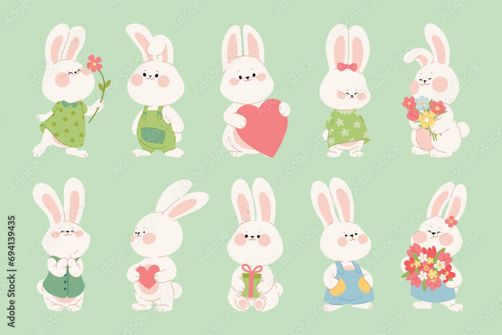 Collection of cute rabbits in love. Cartoon characters of happy bunnies couples with gifts, hearts, flowers. Kawaii hares for Valentine's Day card, sticker, banner, package design. Vector illustration