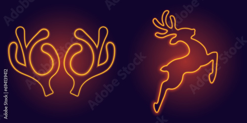 Christmas reindeer, neon set of glowing jumping deer and antlers, vector illustration.