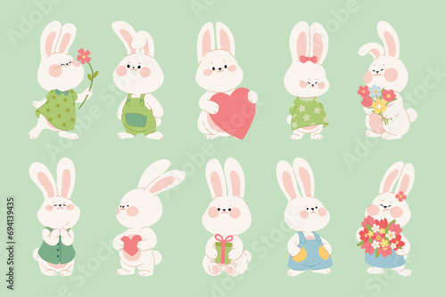 Collection of cute rabbits in love. Cartoon characters of happy bunnies couples with gifts, hearts, flowers. Kawaii hares for Valentine's Day card, sticker, banner, package design. Vector illustration