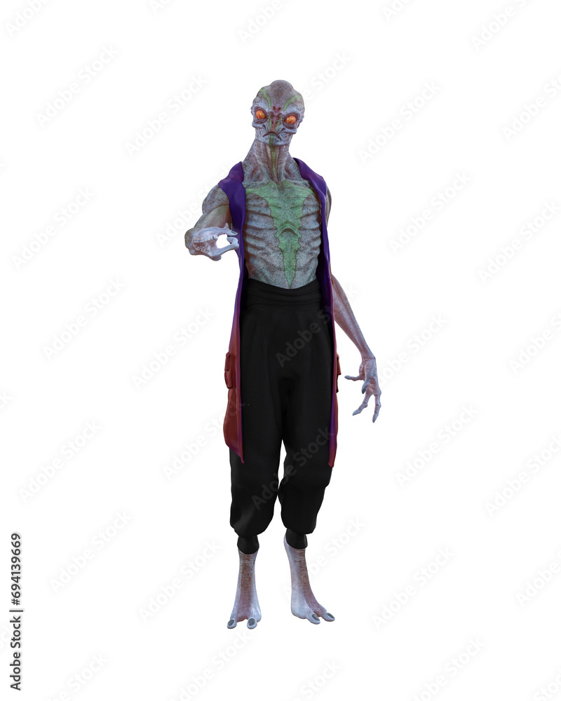 Alien humanoid creature standing in futuristic costume and pointing at viewer. Isolated 3D illustration.