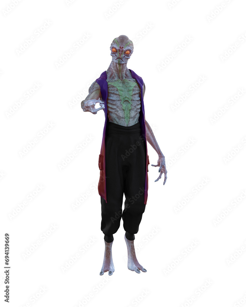 Alien humanoid creature standing in futuristic costume and pointing at viewer. Isolated 3D illustration. Alien humanoid creature standing in futuristic costume and pointing at viewer. Isolated 3D illustration.