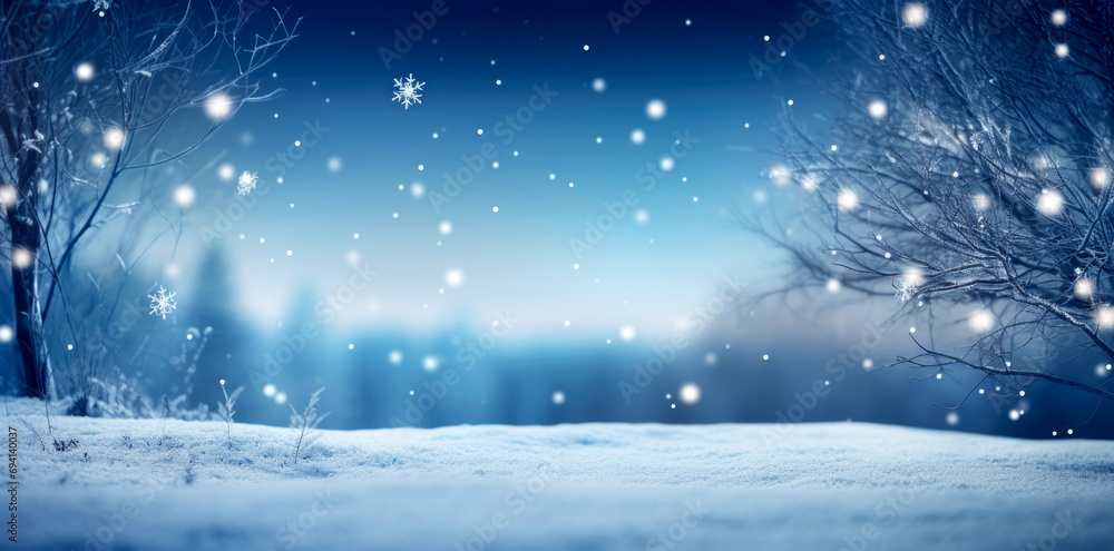 Beautiful winter background image of frosted spruce branches and small drifts of pure snow with bokeh Christmas lights and copy space for text.