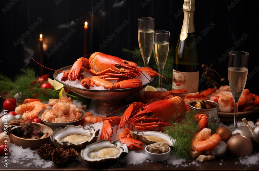 Seafood assortment on ice with champagne and decorations