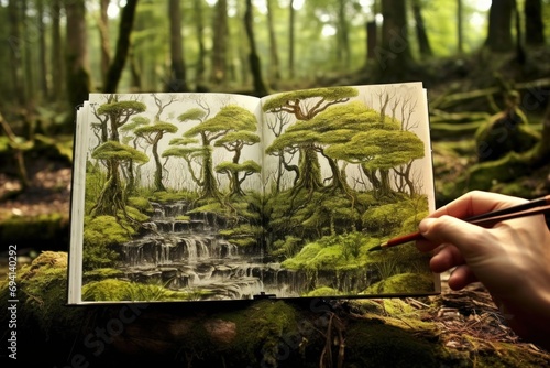 Man painting natural tropical forest landscape in scetchbook, process of painting tropical photo