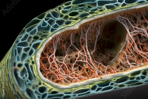Internal view of a stem's vascular bundle displaying phloem transporting food and xylem transporting water. Generative AI photo