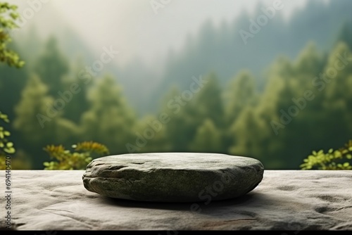 Stone podium on rock platform 3d illustration, grey rock pedestal for a product display stand, green forest and blurred horizon on the background, natural scenery landscape. generative ai.