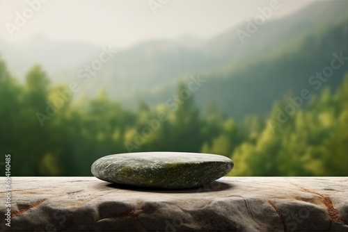 Stone podium on rock platform 3d illustration, grey rock pedestal for a product display stand, green forest and blurred horizon on the background, natural scenery landscape. generative ai.