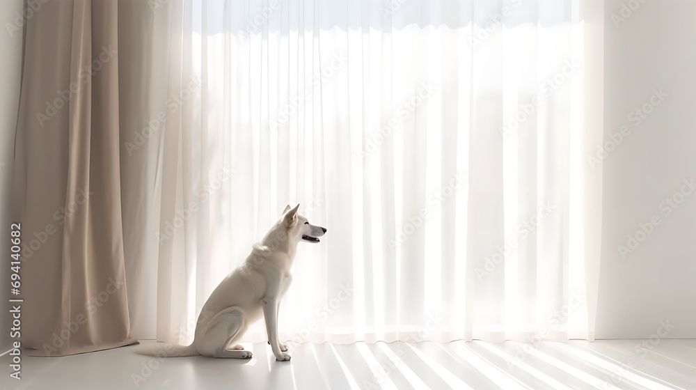 Φωτογραφία Minimalist photo of a husky dog sitting waiting in an empty room in front of a w