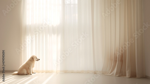 Minimalist photo of a puppy dog sitting waiting in an empty room in front of a window with natural light filtering through cream colored curtain photo