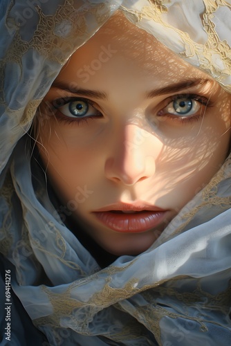 close up of a beautiful young woman under scarf,