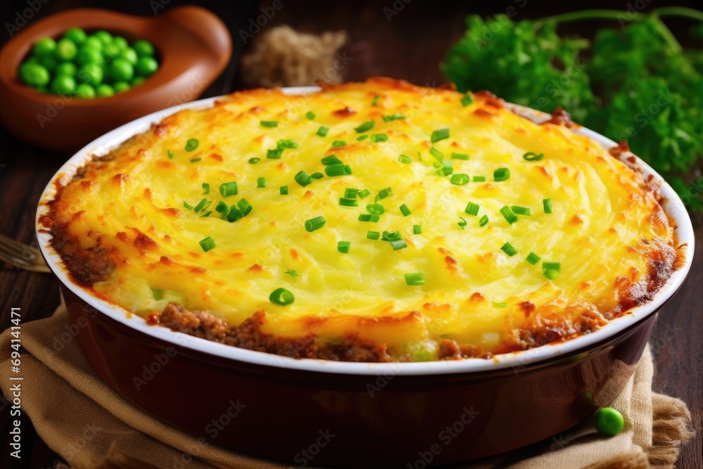 Hachis Parmentier Top View: French-style Shepherd's Pie with Mashed Potato Topping, Cooked Minced Beef, Vegetables, and Green Peas Hachis Parmentier Top View: French-style Shepherd's Pie with Mashed Potato Topping, Cooked Minced Beef, Vegetables, and Green Peas