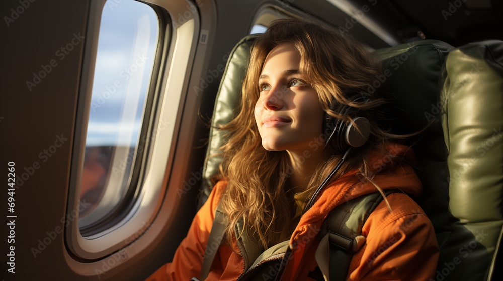 Girl flying on a plane, looking out the window, listening to music. Girl flying on a plane, looking out the window, listening to music.