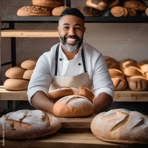 A portrait of a baker proudly presenting freshly baked artisanal bread3 photo