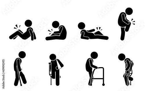 STICKMAN VECTOR ILLUSTRATION, PICTOGRAM, STICK FIGURE FOOT INJURY, ACL INJURY, BROKEN LEG.