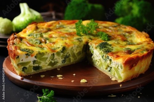 Broccoli Quiche close-up on Table. Delicious Dairy Cheese and Broccoli Quiche on Baked Crust, Cooked to Perfection