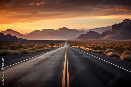 a narrow road in the desert with mountains in the background © haallArt