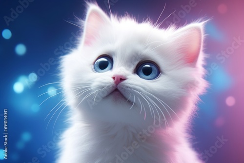 Adorable white kitten with big blue eyes isolated on dreamy bokeh background