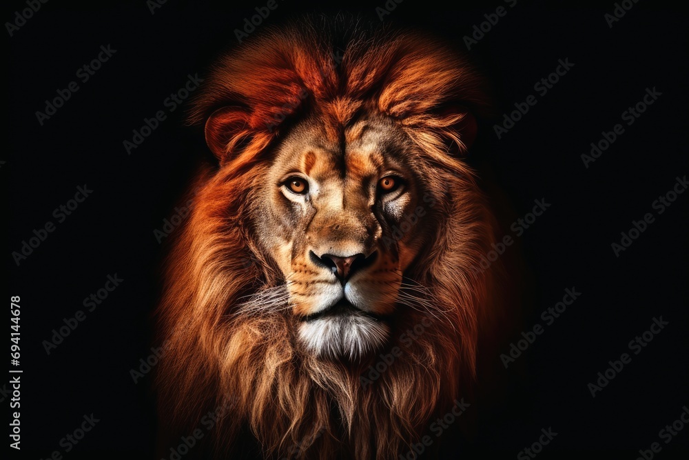 Mesmerizing male lion portrait on dark background.