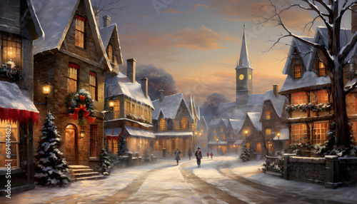 Vintage Dorf im Winter Gemälde / Straße durch ein Dorf im Winter / Winter Dorf / Weihnachten Wallpaper / Ai-Ki generiert