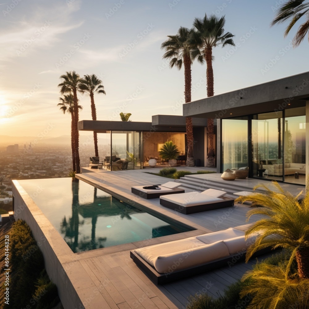 Fototapeta premium Minimalist villa with palm trees on the outskirts of Los Angeles with a view of the city