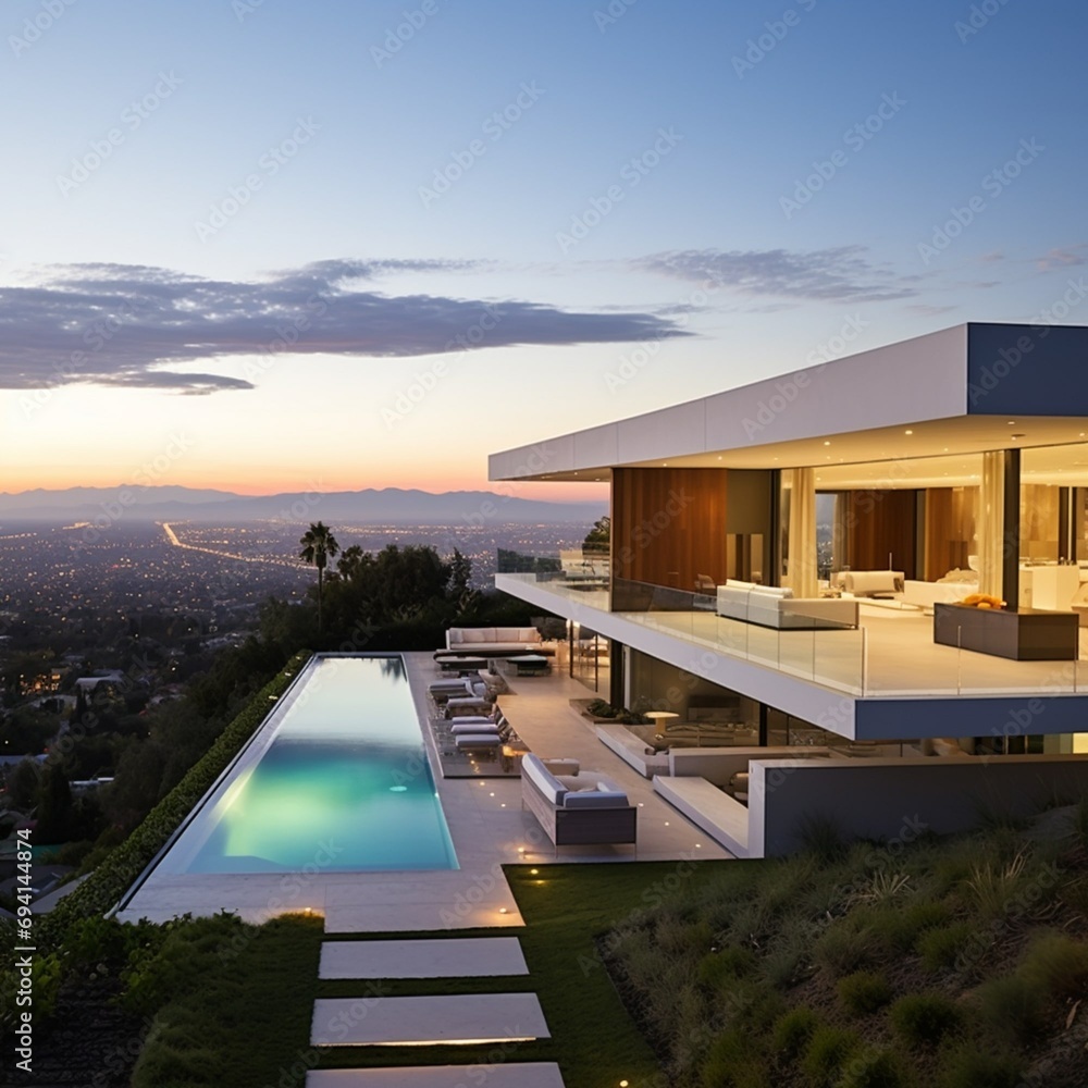 Minimalist villa with palm trees on the outskirts of Los Angeles with a view of the city