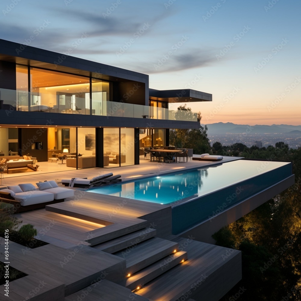 Obraz premium Minimalist villa with palm trees on the outskirts of Los Angeles with a view of the city