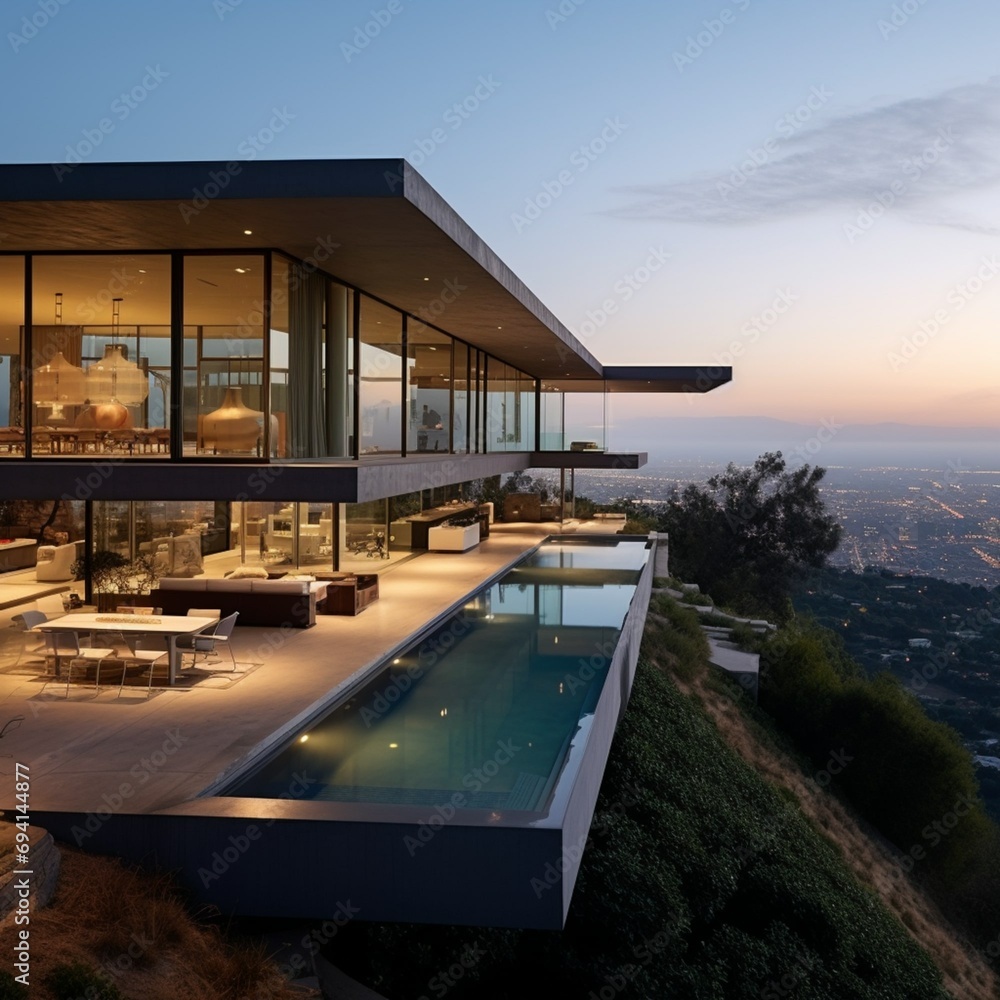 Fototapeta premium Minimalist villa with palm trees on the outskirts of Los Angeles with a view of the city