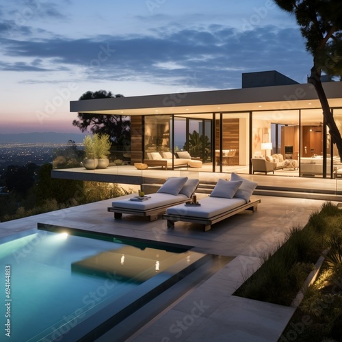 Minimalist villa with palm trees on the outskirts of Los Angeles with a view of the city