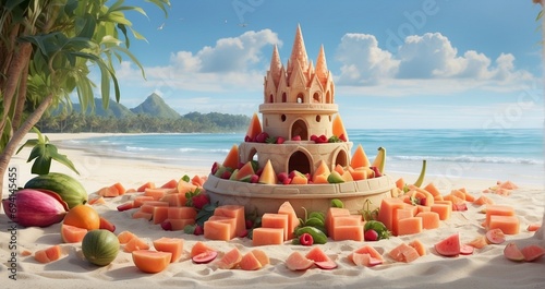 A pristine beach with a blank sandcastle at the center, encircled by carefully laid-out slices of melon, papaya, and dragon fruit, while fairies below playfully Generative Ai