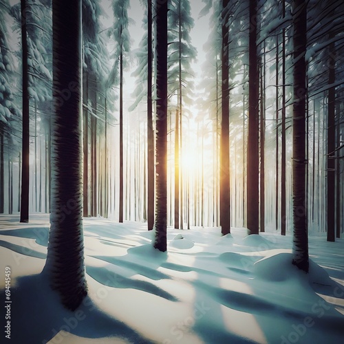 Snow Forest Mountain Tree Landscape Winter panorama. A serene winter landscape with a snow covered forest and mountain range, gleaming peaks, snow laden slopes