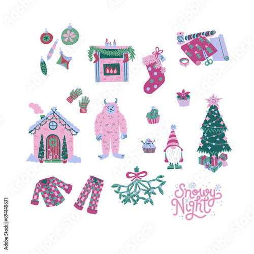 A collection of Christmas clipart. Cool color palette. Ornaments, fireplace, stocking, gift wrapping, house, gloves, decorated tree, pajamas, mistletoe, Snowy Night lettering. Isolated on a white
