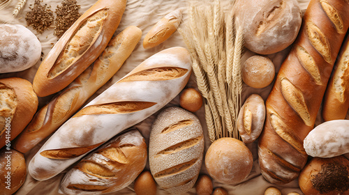 Assorted freshly baked breads and wheat on a textured backdrop, perfect for food and bakery themes with copy space.