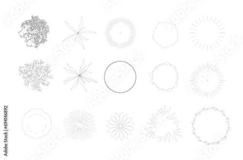 set of tree top view for landscape plan and architecture element. trees plan line cad, tree plan drawing, elements for environment and garden