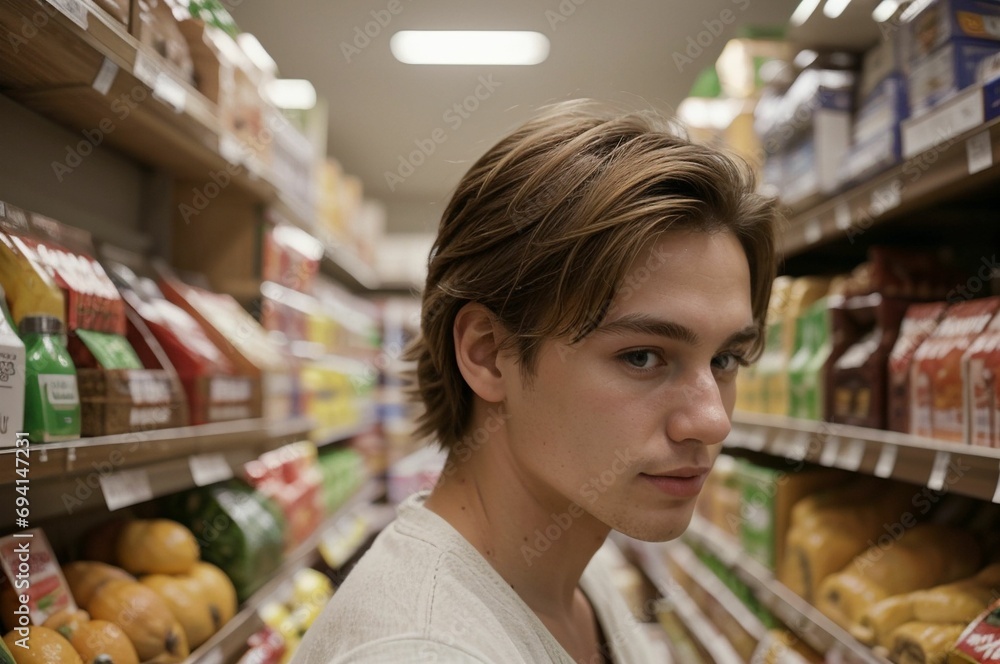 blond man shopping in the supermarket