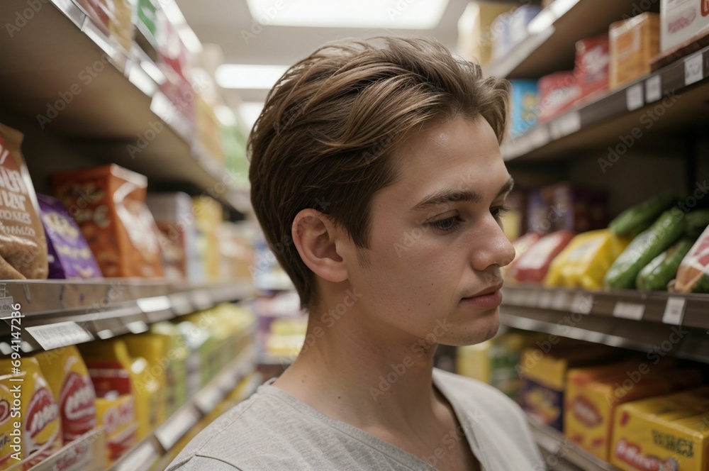 blond man shopping in the supermarket