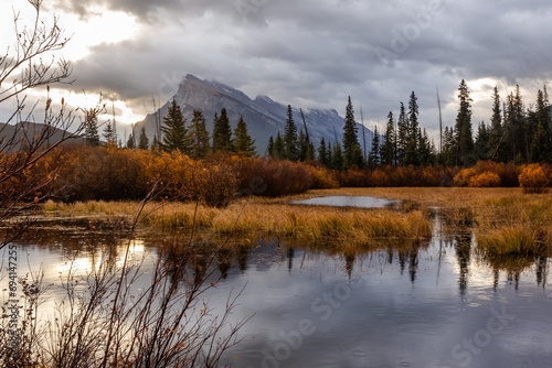Beautiful autumn landscape. Vermilion Lake under rain, Banff National Park in Alberta, Canada