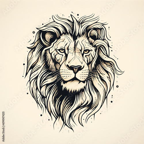 Vintage Doodle Style Lion Illustration Created with Fine-Point Black Ink on Textured Cream Paper