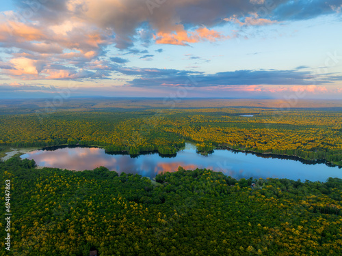 Aerial view on Mohican Lake at sunset