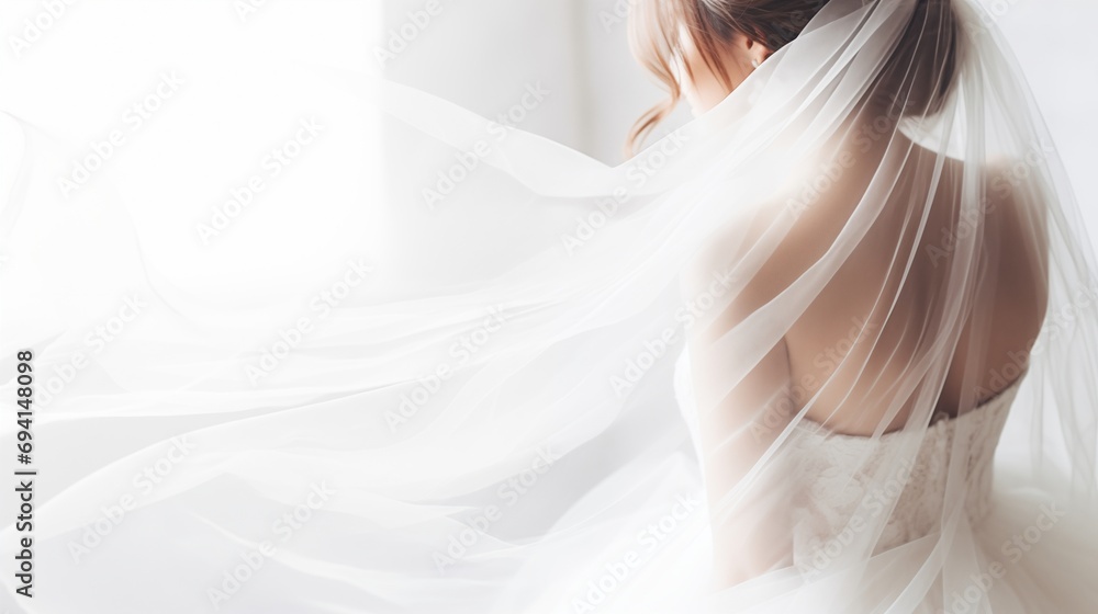 In a close-up from behind, the beautiful bride, adorned in a wedding dress and veil, stands in anticipation and excitement, showcasing the beauty of her bridal attire during the ceremony. In a close-up from behind, the beautiful bride, adorned in a wedding dress and veil, stands in anticipation and excitement, showcasing the beauty of her bridal attire during the ceremony.