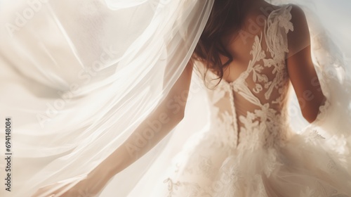 Close-up captures the bride in her wedding dress and veil, immersed in a ceremony, surrounded by anticipation, excitement, and the exquisite beauty of her bridal attire.