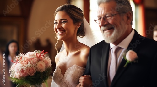 With heartfelt joy, the father gracefully escorts his daughter down the aisle, marking the beginning of a blissful wedding ceremony filled with love and happiness.