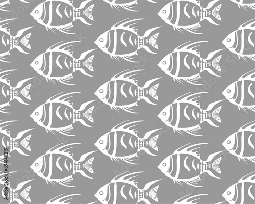 simple seamless pattern of white graphic fish on a gray background, texture, design