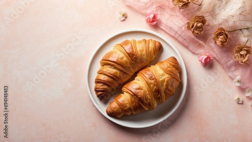 Website Banner, Croissant Day Themed Light Background, Top View, Copy Space for Text