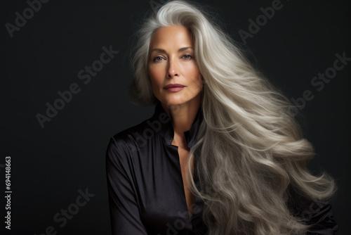 portrait of an elderly woman/model with long silver grey hair in close up for aging senior hair growth care salon beauty editorial advertisement magazine style portra film look  photo