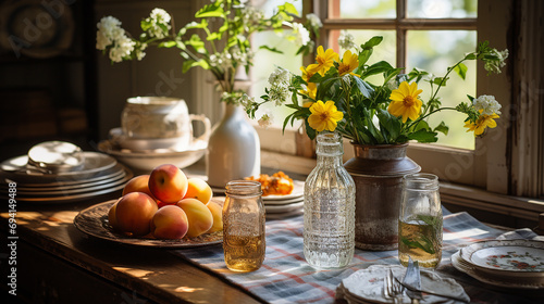 Still Life Country Farmhouse Feast with Flowers on the Table