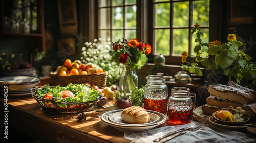Still Life Country Farmhouse Feast with Flowers on the Table