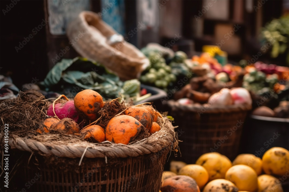 vegetables and fruits in a huge container, in a trash can. Organic biowaste with expired