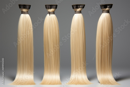 assortment of blonde hair for hair extension procedure on background. types of materials, color and quality for the presentation of the service. photo